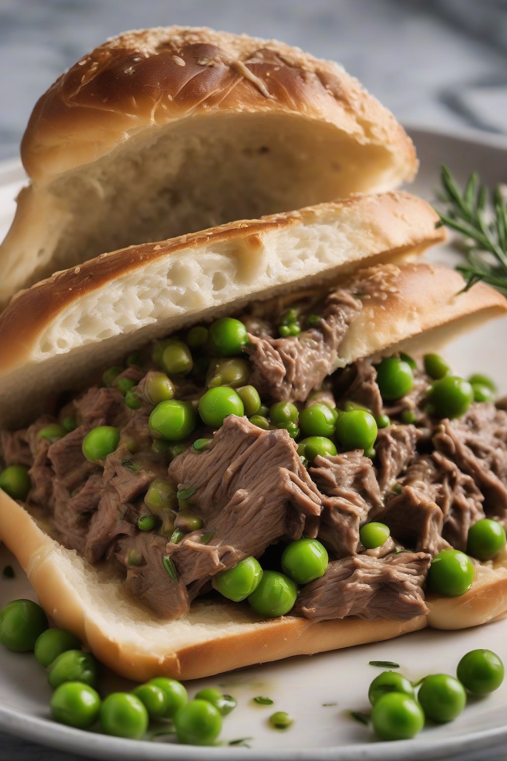 A high-resolution photo of Italian beef spezzatino with peas and rosemary, under soft lighting.
