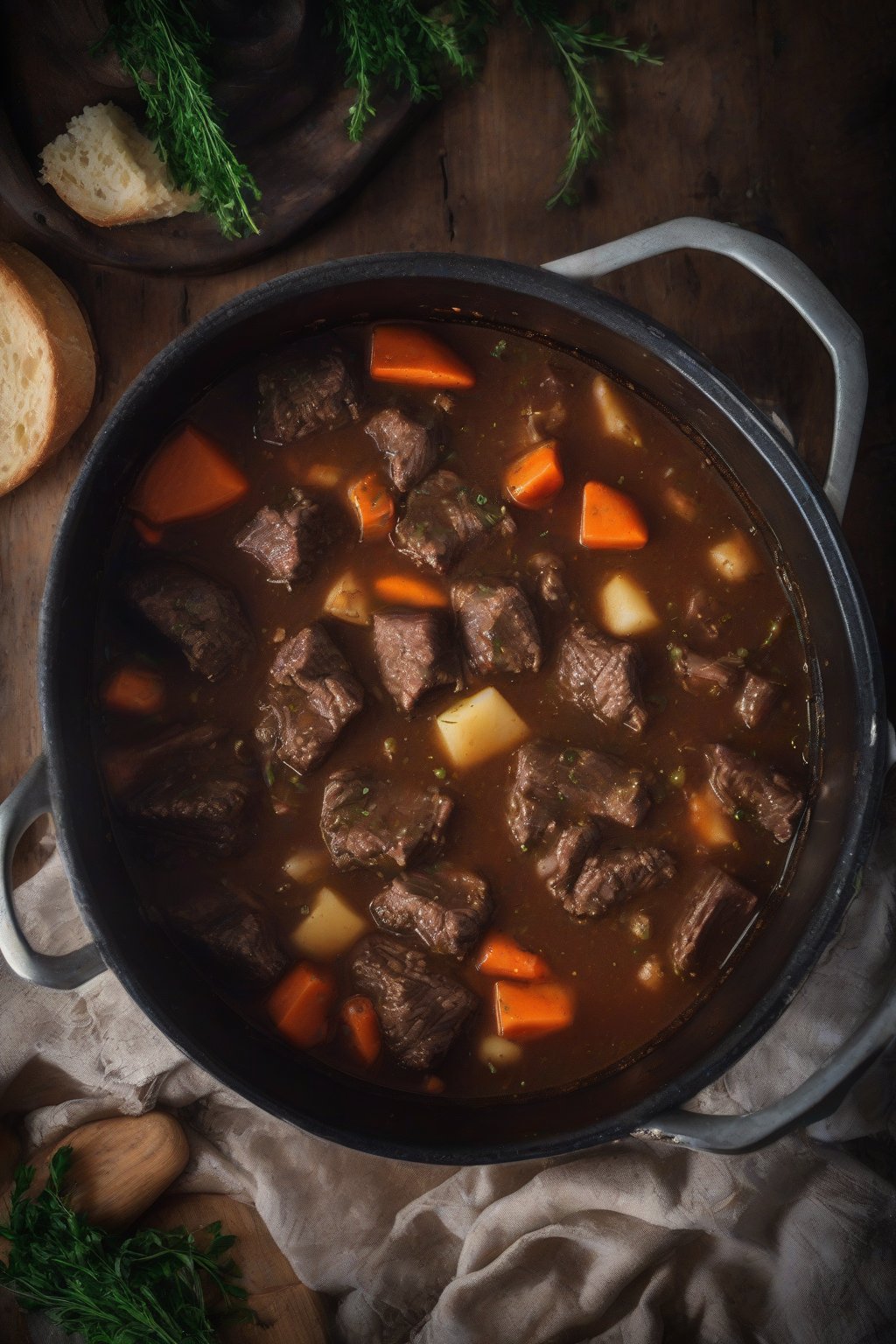 A high-resolution photo of beef and beer stew bubbling in a pot, under soft lighting.