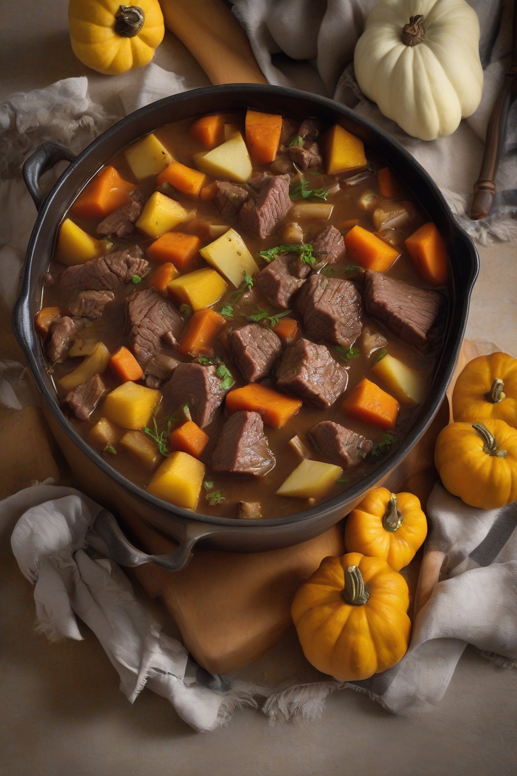A high-resolution photo of harvest beef stew with squash and apple chunks, under soft lighting.