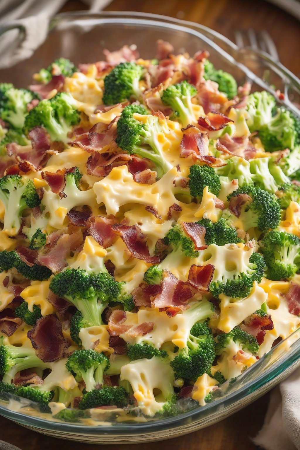 A high-resolution photo of cheesy bacon broccoli salad with melted cheddar shreds and bacon bits, served in a glass dish, under soft lighting.