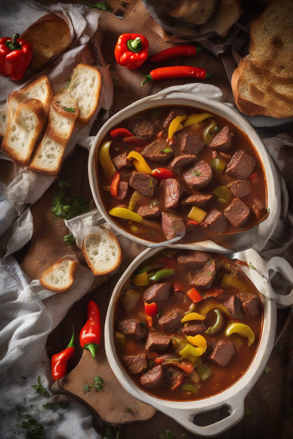 A high-resolution photo of Cajun beef stew with sausage slices and peppers, under soft lighting.