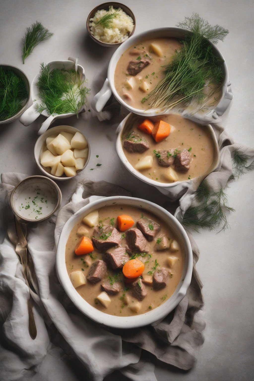 A high-resolution photo of creamy beef stew garnished with dill in a white bowl, under soft lighting.