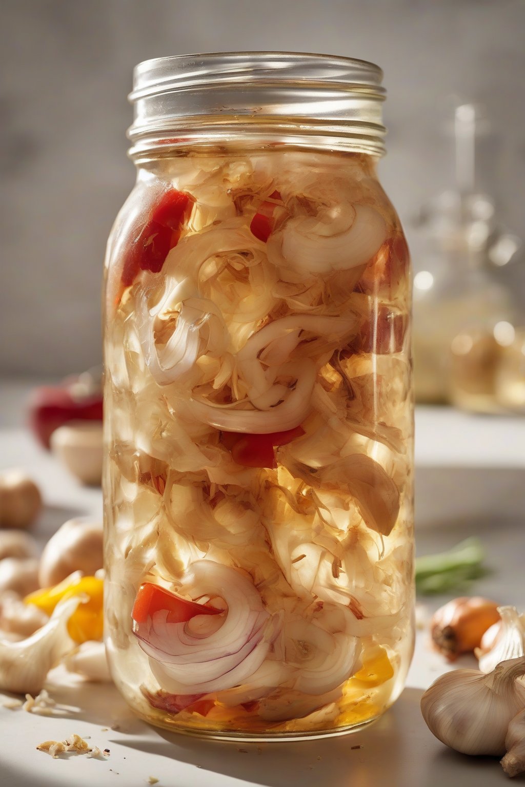 A high-resolution photo of a clear mason jar filled with classic fire cider, showing chunks of onion, garlic, ginger, and peppers suspended in golden vinegar under soft lighting.