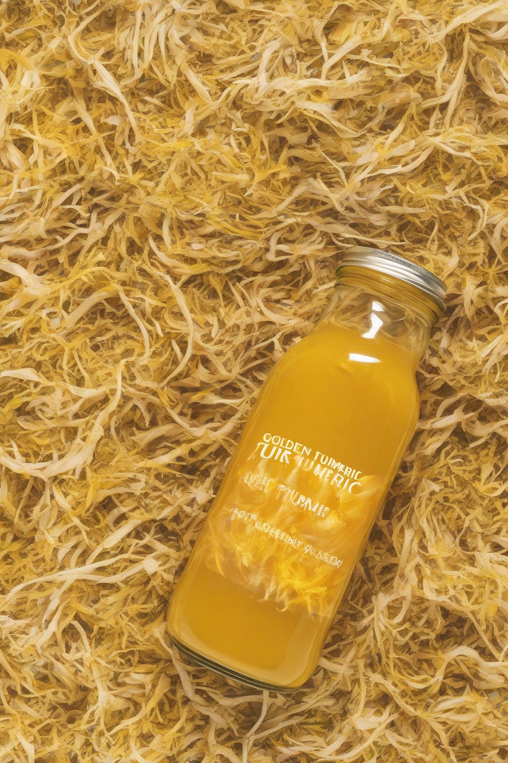A high-resolution photo of golden turmeric fire cider in a jar, with visible grated roots and a vibrant yellow hue under soft lighting.