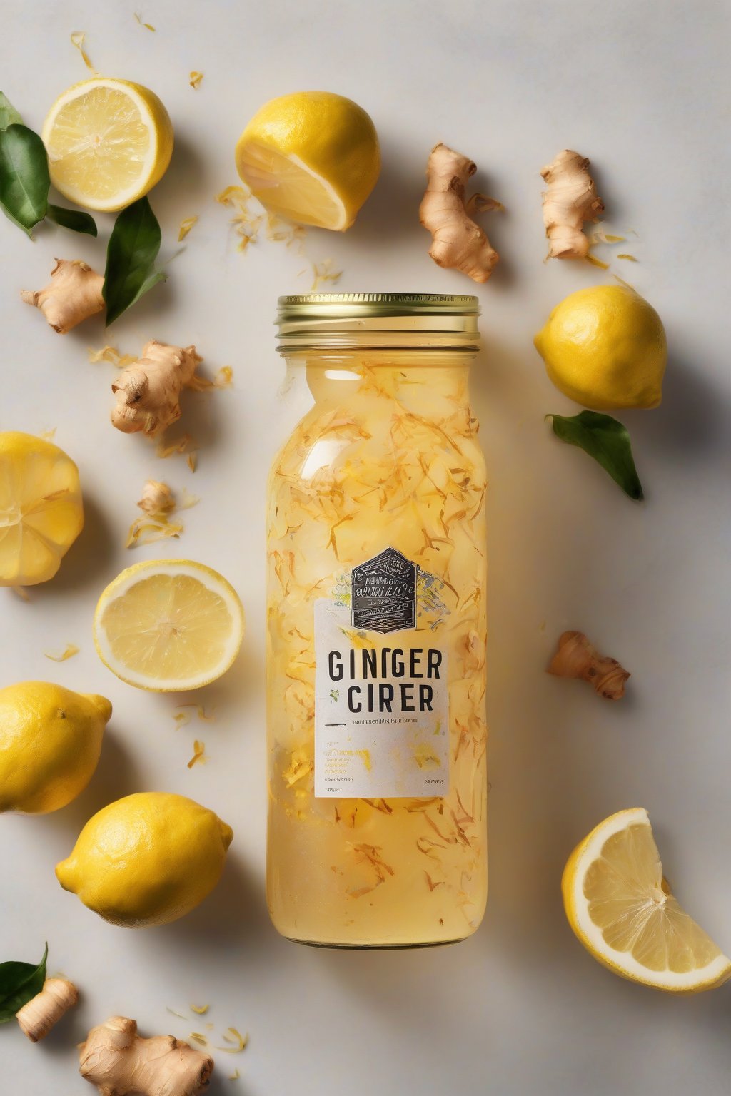 A high-resolution photo of bright ginger-lemon fire cider in a jar, flecked with citrus zest and ginger shreds under soft lighting.