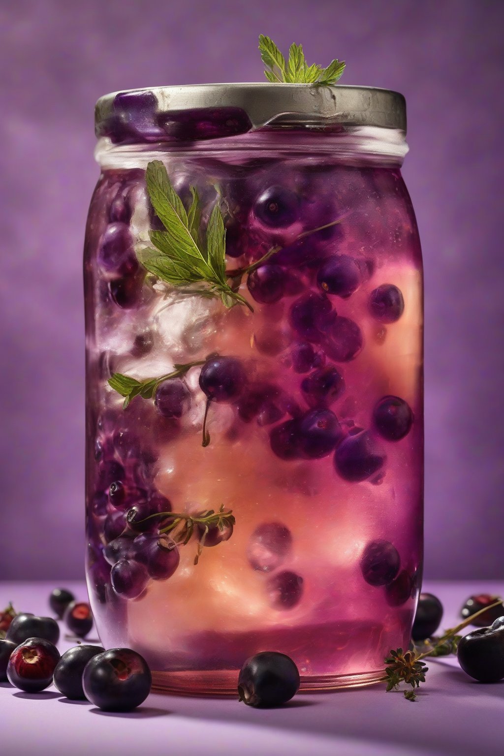 A high-resolution photo of deep purple elderberry fire cider in a jar, with berries and herbs visible under soft lighting.