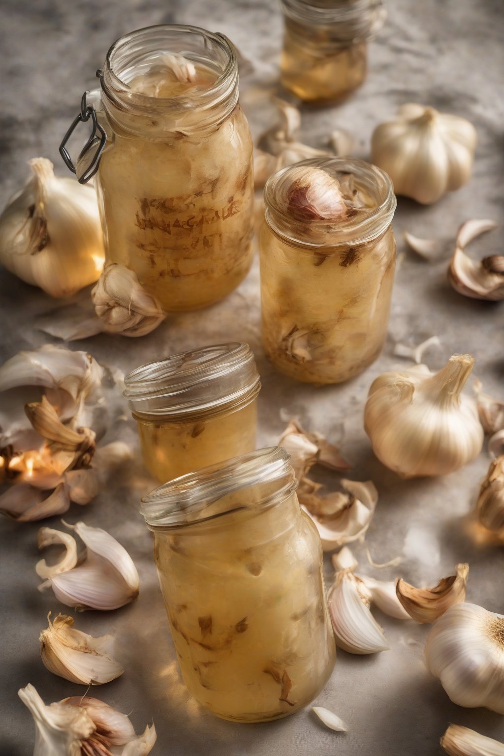 A high-resolution photo of pungent garlic-heavy fire cider in a jar, brimming with smashed cloves under soft lighting.
