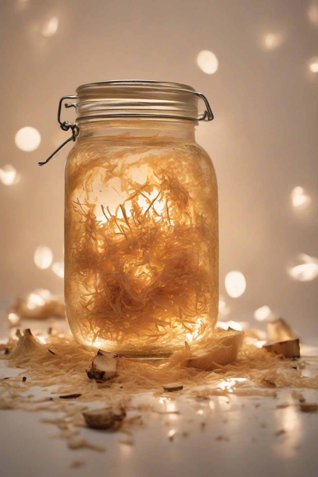 A high-resolution photo of fiery horseradish fire cider in a jar, with grated root pieces floating under soft lighting.