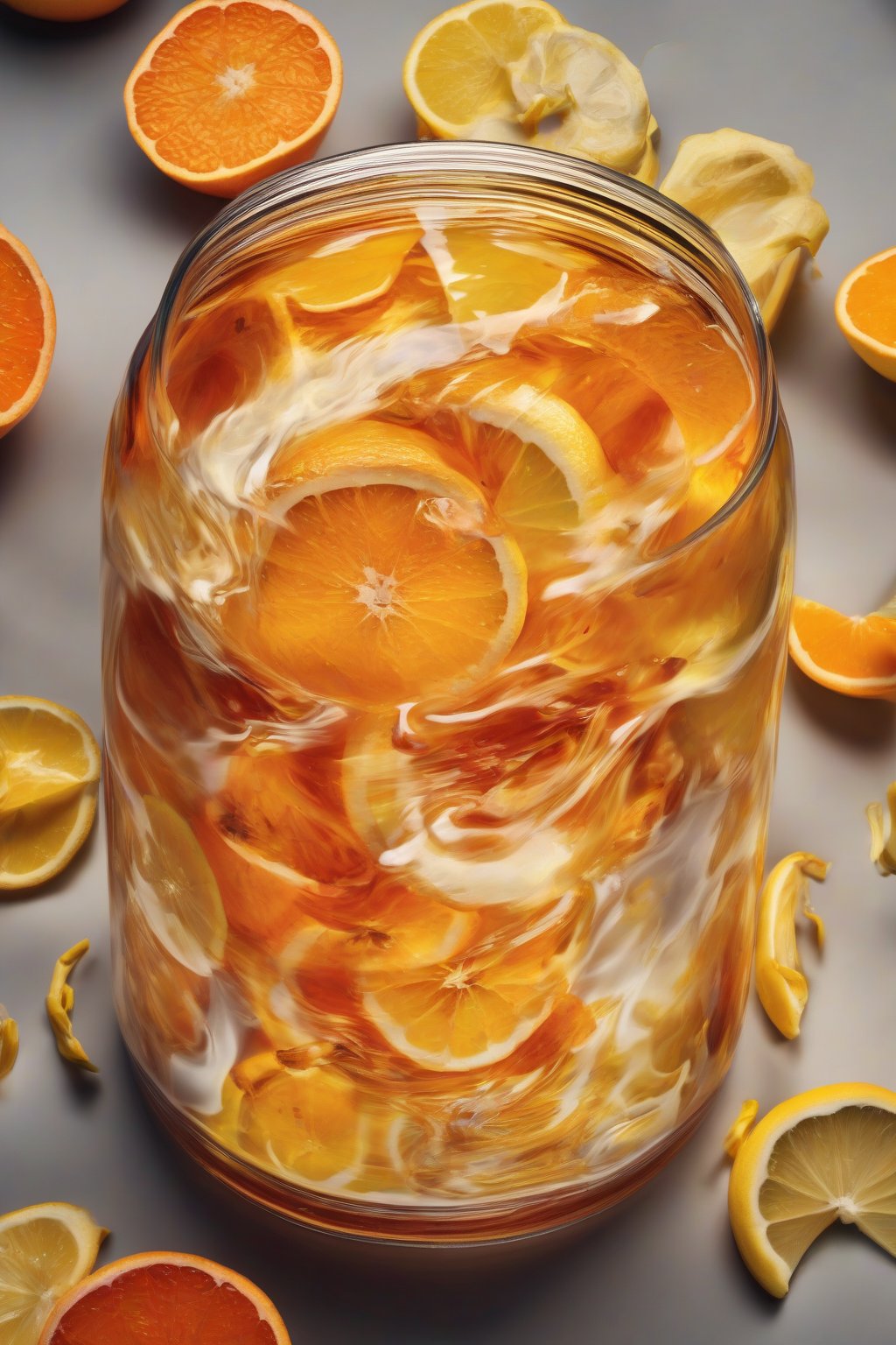 A high-resolution photo of colorful citrus fire cider in a jar, swirling with orange and lemon peels under soft lighting.