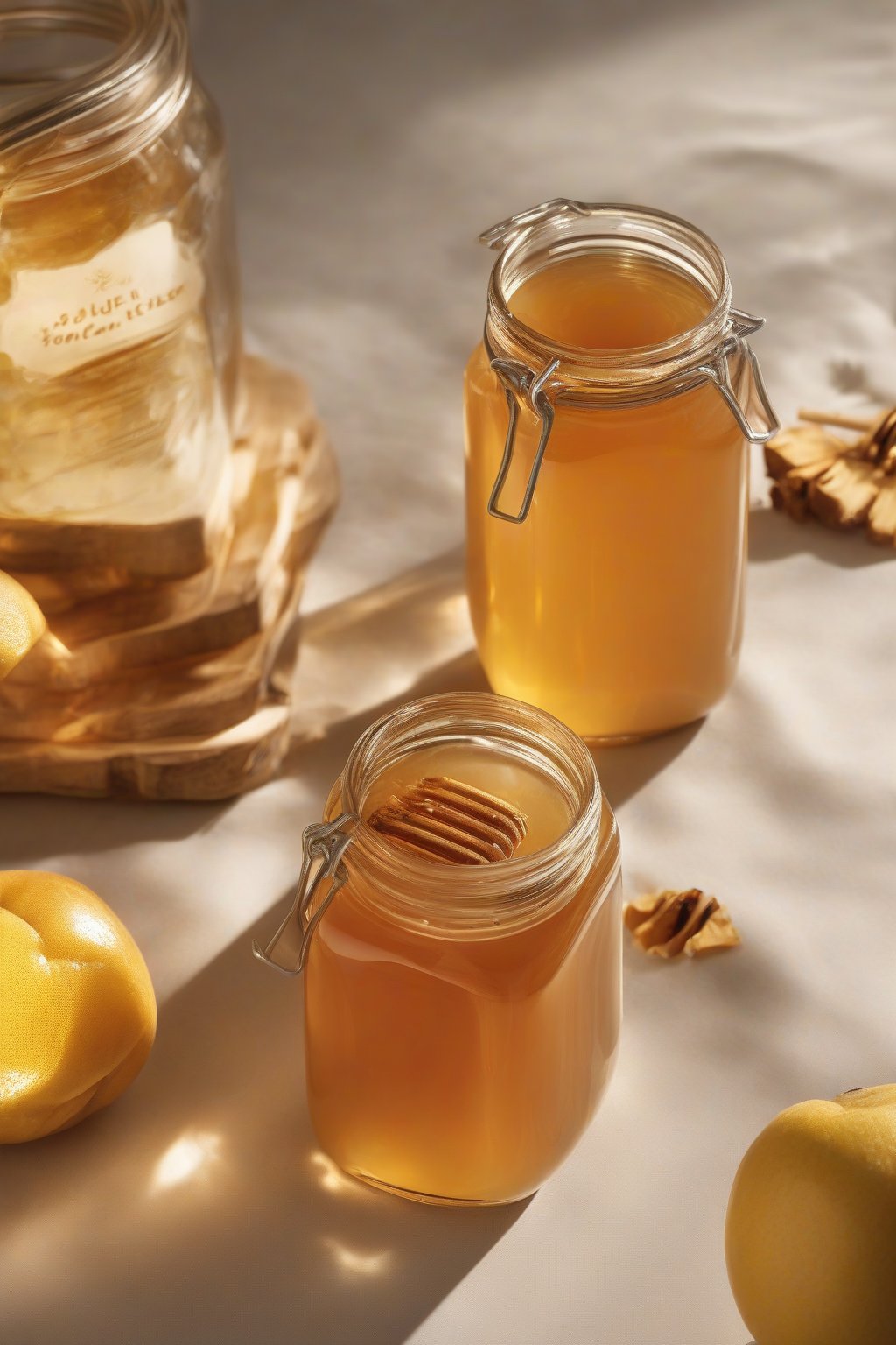 A high-resolution photo of smooth honey-infused fire cider in a jar, golden and glossy under soft lighting.