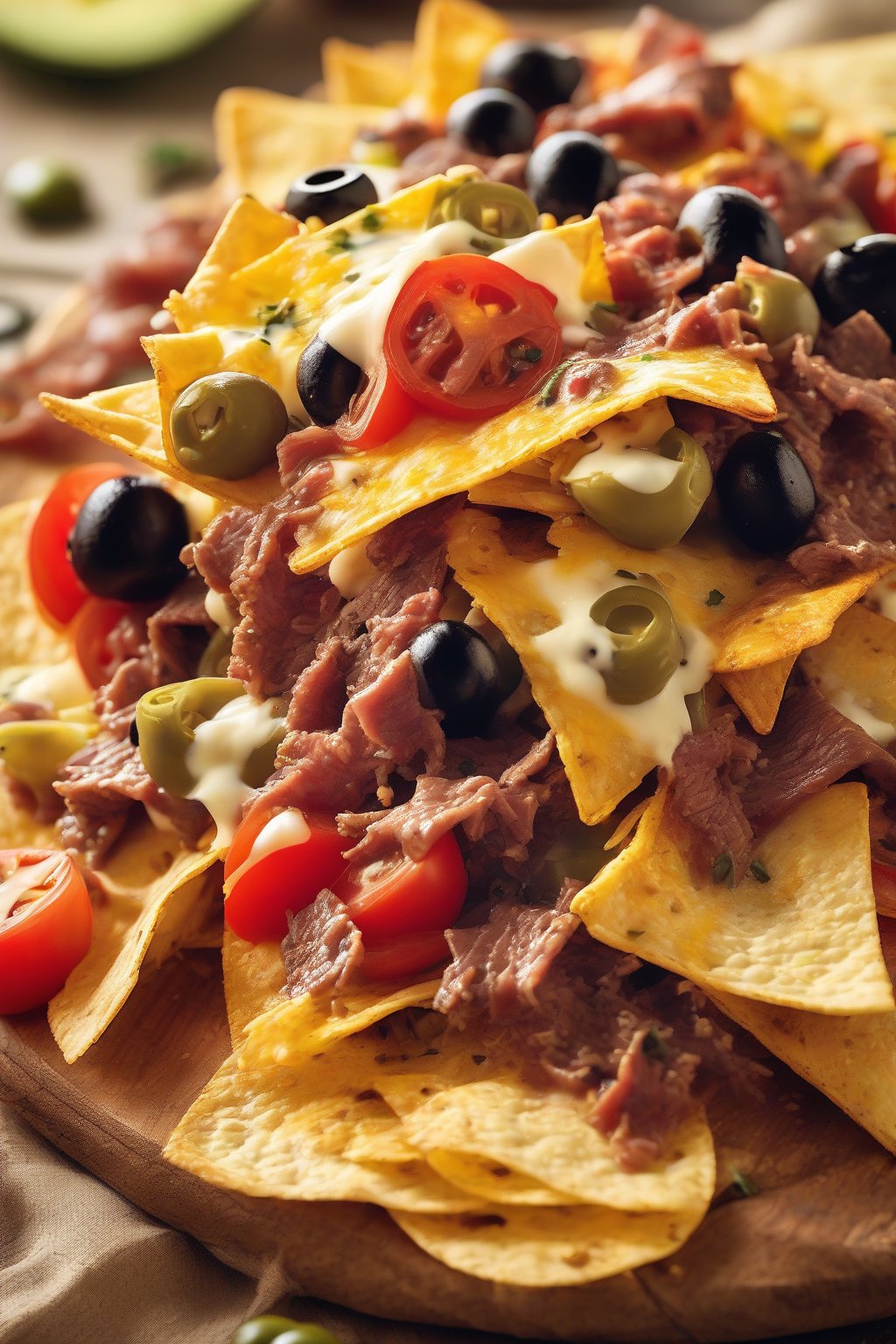 A close-up photo of golden tortilla chips piled high with melted cheese, seasoned beef, fresh tomatoes, and olives under soft lighting.
