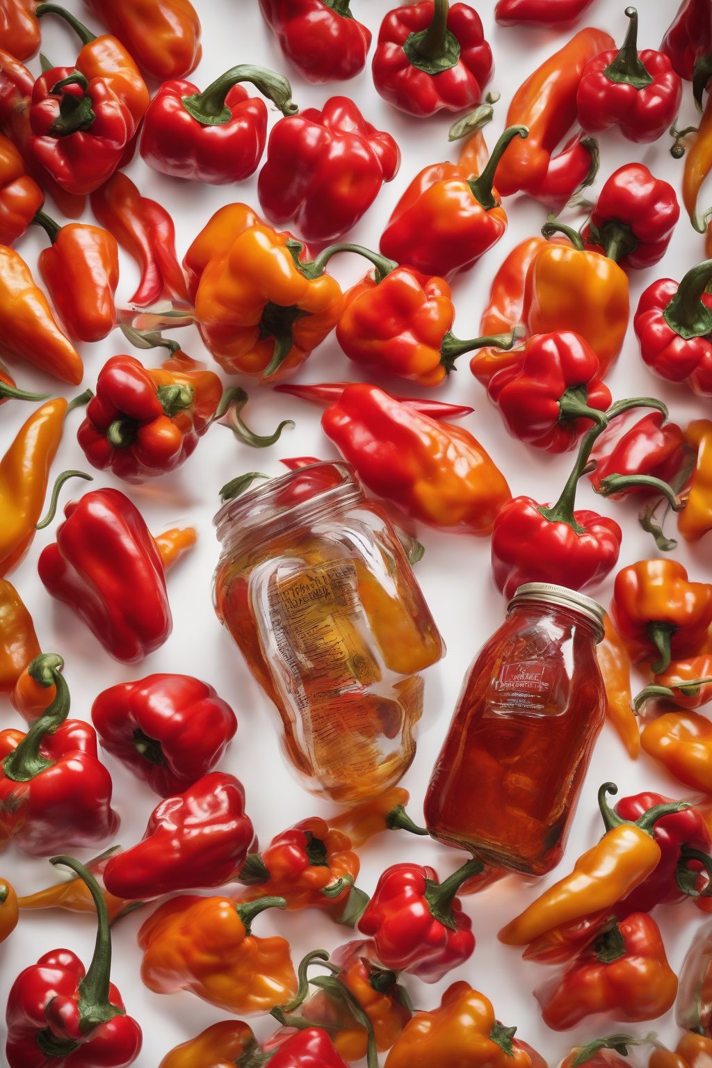 A high-resolution photo of fiery red habanero fire cider in a jar, peppers boldly visible under soft lighting.