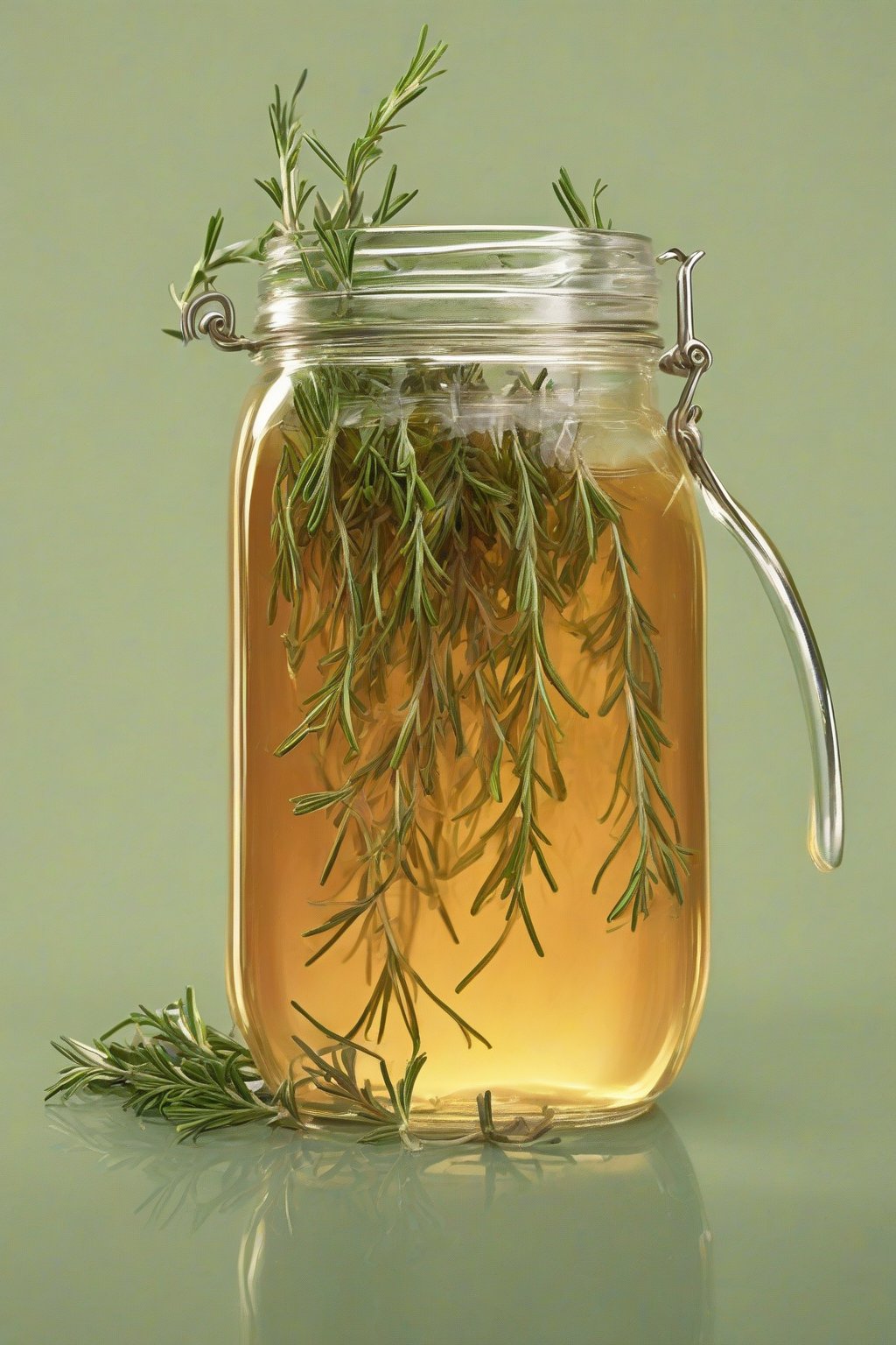 A high-resolution photo of herbal rosemary-thyme fire cider in a jar, with green sprigs suspended under soft lighting.