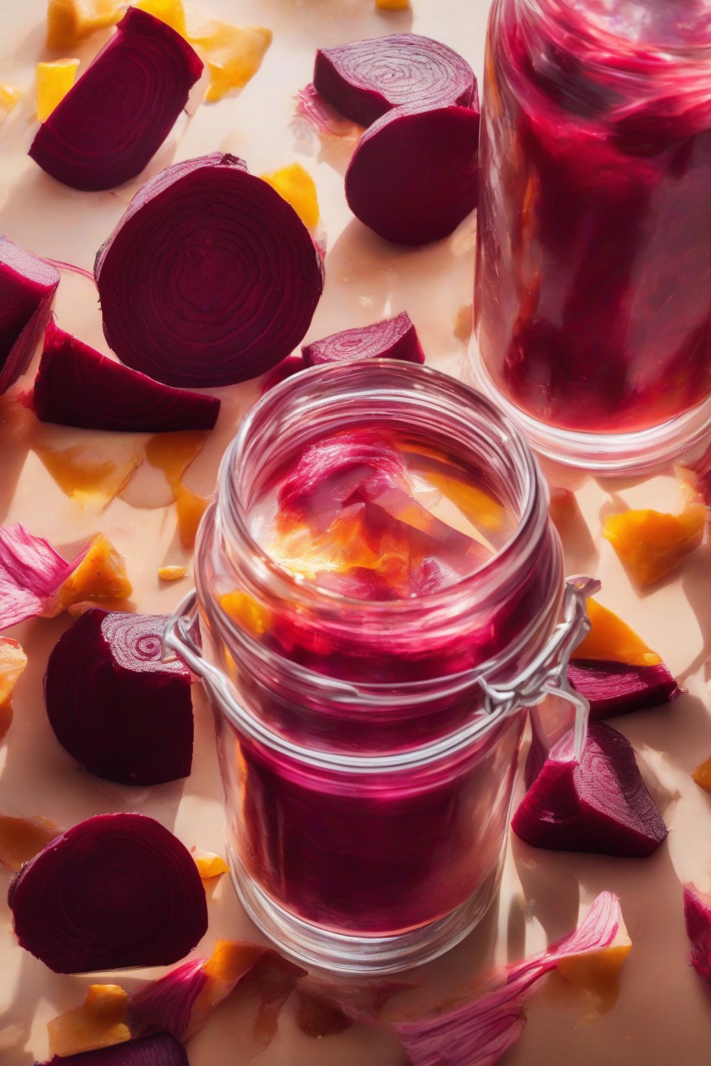 A high-resolution photo of deep red beetroot fire cider in a jar, chunks of beet shining under soft lighting.