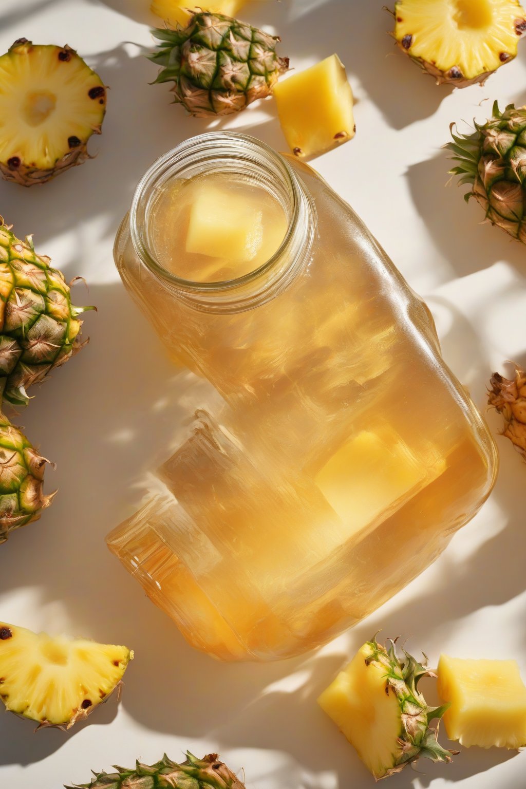 A high-resolution photo of vibrant pineapple fire cider in a jar, tropical chunks floating under soft lighting.