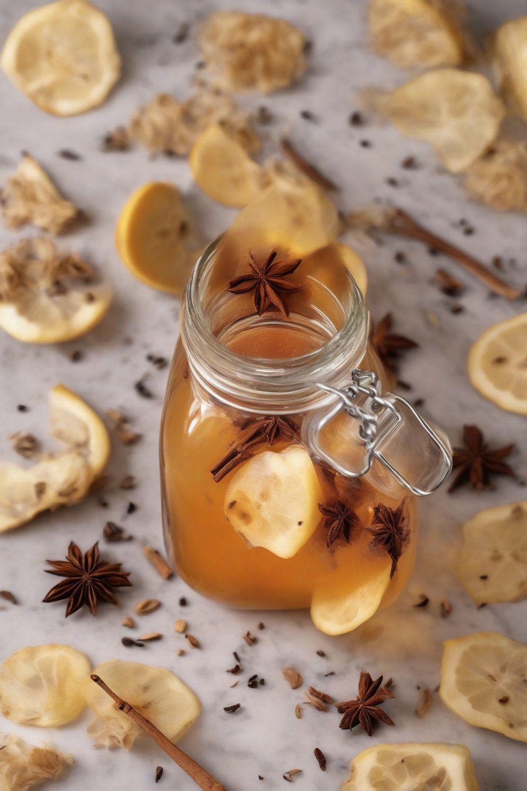 A high-resolution photo of astragalus fire cider in a jar, with root slices and spices under soft lighting.