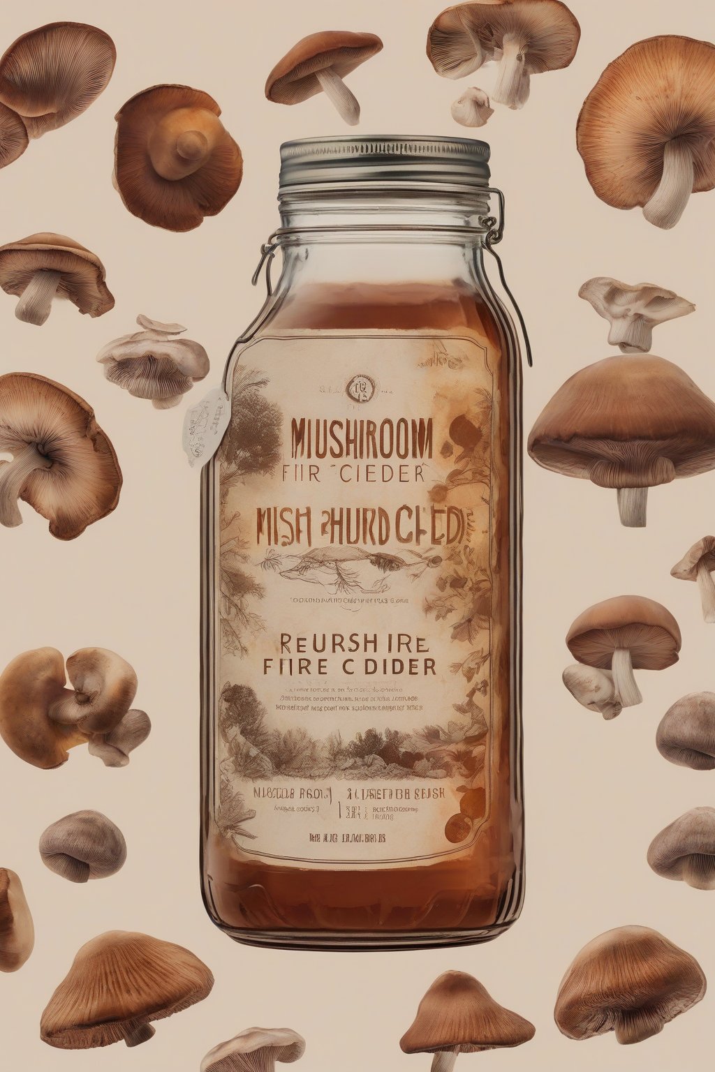 A high-resolution photo of mushroom-infused reishi fire cider in a jar, earthy tones under soft lighting.