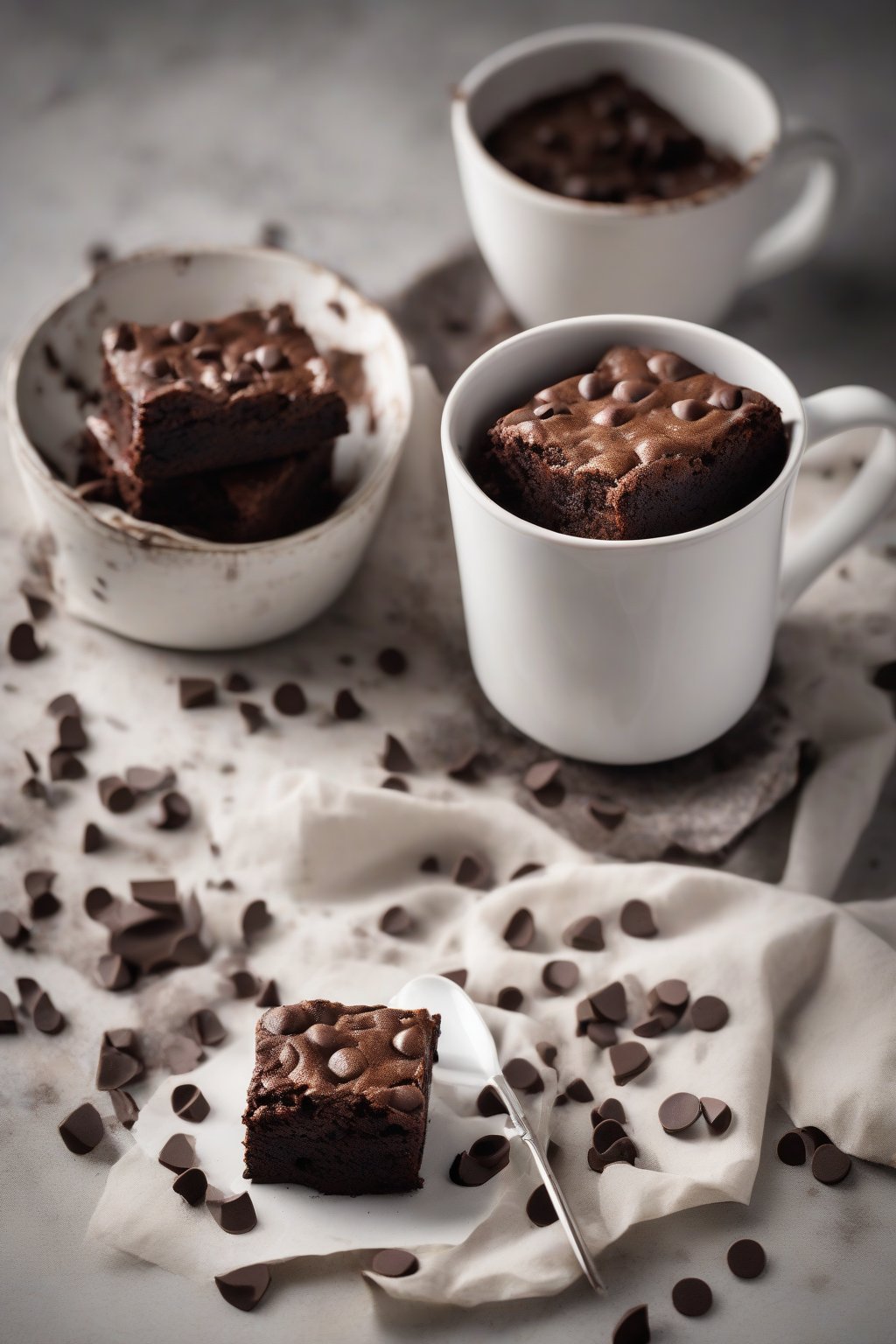 A high-resolution photo of a steaming classic chocolate brownie in a white mug, topped with melty chocolate chips, under soft lighting.
