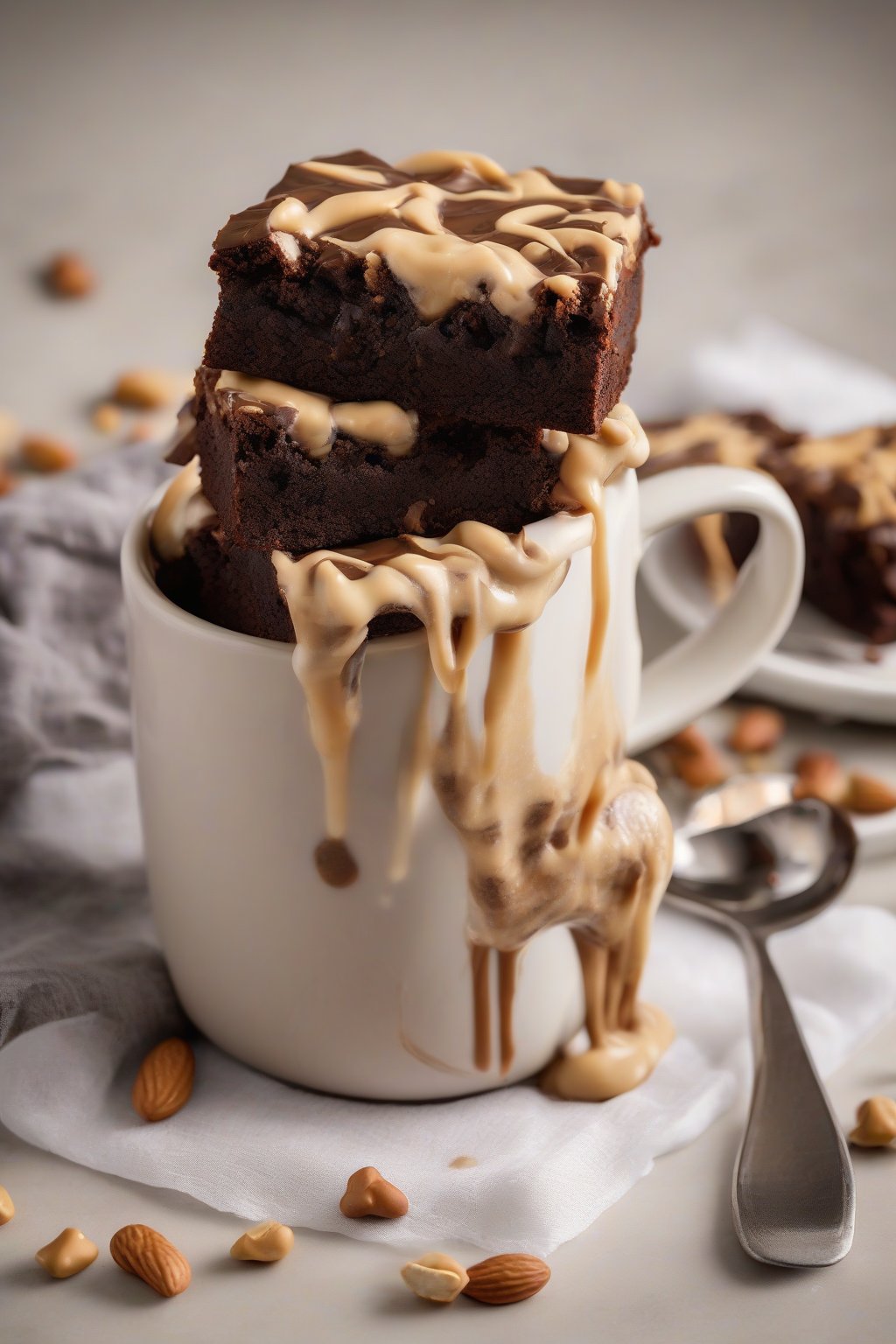 A high-resolution photo of a peanut butter swirled brownie in a mug, with gooey center and nutty topping, under soft lighting.