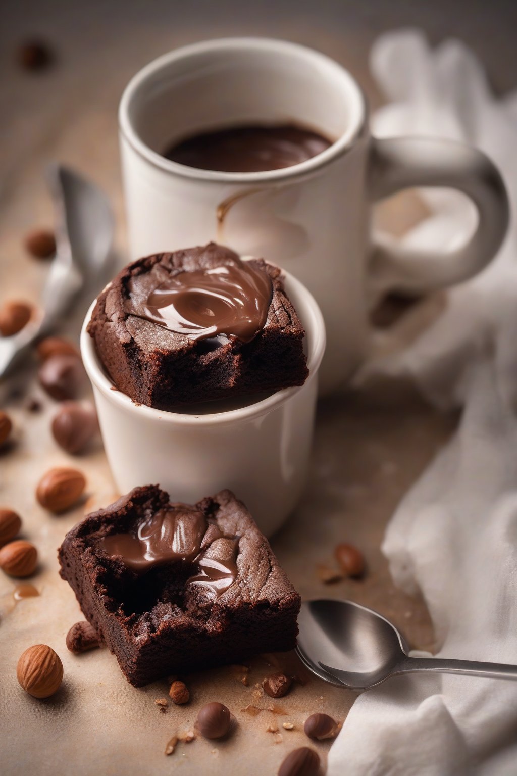 A high-resolution photo of a Nutella-stuffed brownie in a mug, oozing hazelnut spread when cracked open, under soft lighting.