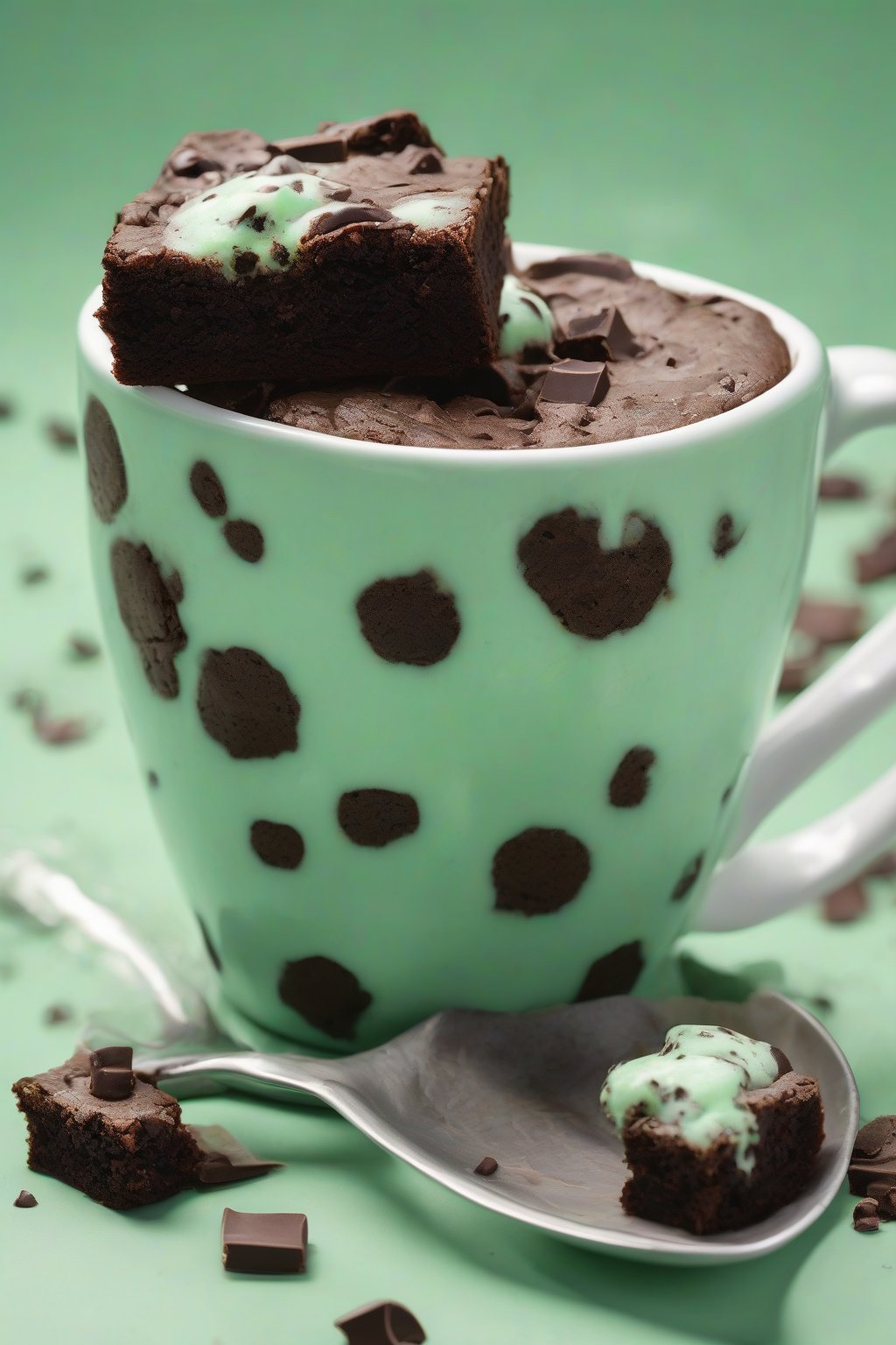 A high-resolution photo of a mint chocolate chip brownie in a mug, flecked with chips and a green tint, under soft lighting.