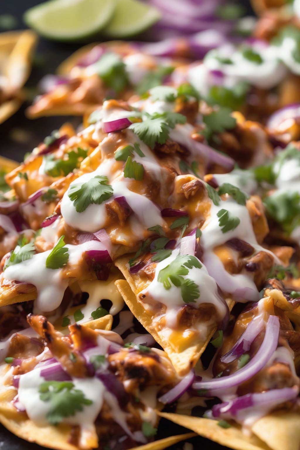 A close-up photo of BBQ-sauced chicken nachos with gooey cheese, red onions, and cilantro under soft lighting.