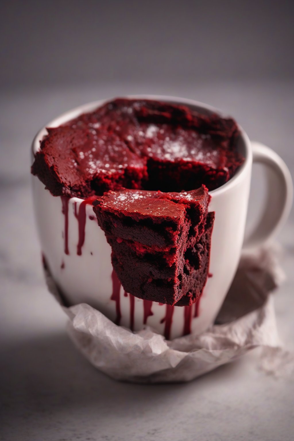 A high-resolution photo of a red velvet brownie in a mug, with a crackly top and vivid red hue, under soft lighting.