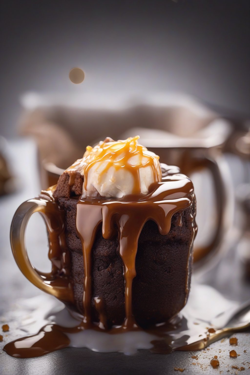 A high-resolution photo of a salted caramel brownie in a mug, dripping with sauce and sprinkled salt, under soft lighting.