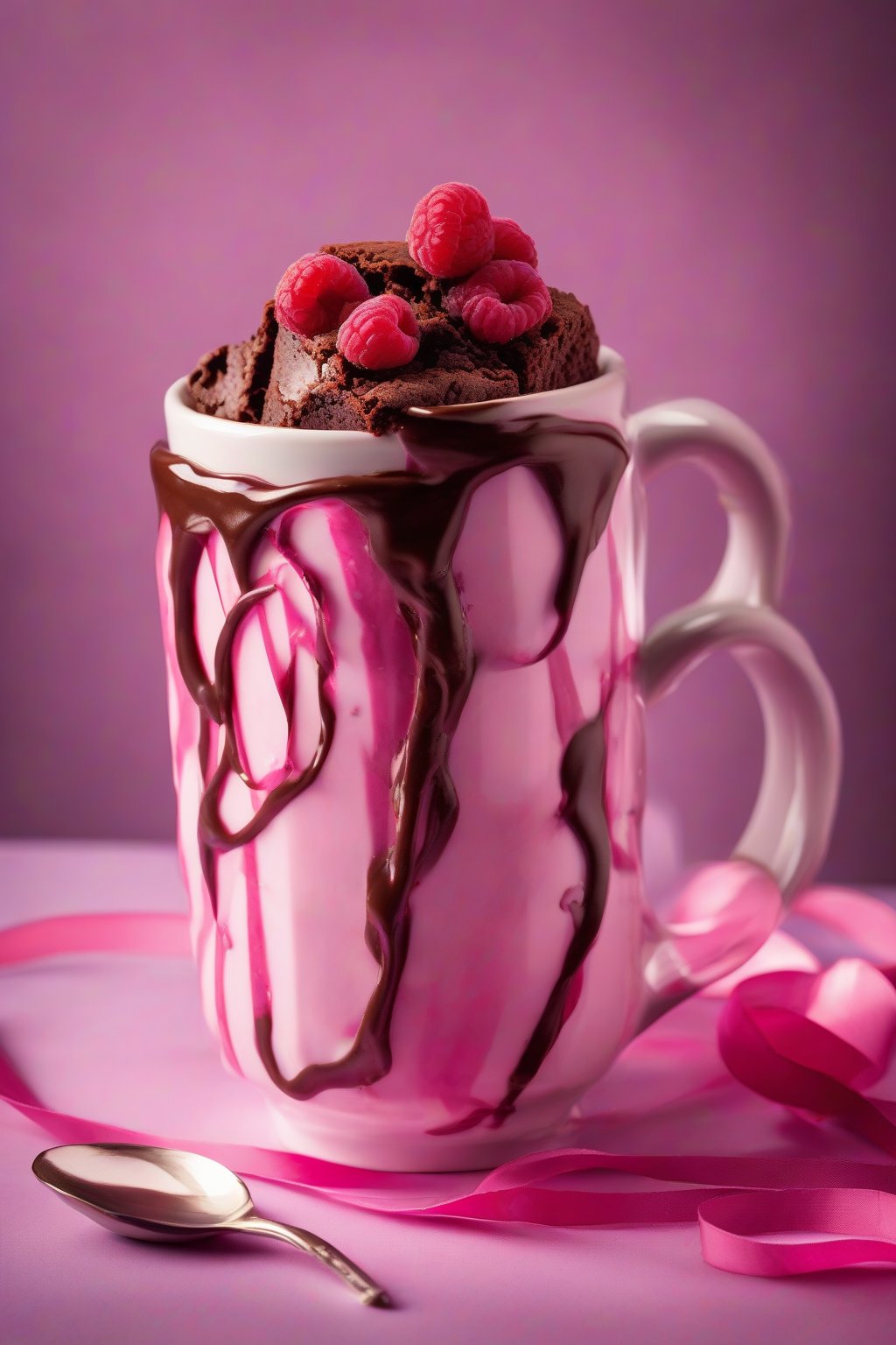 A high-resolution photo of a raspberry swirled brownie in a mug, with pink jam ribbons in fudgy chocolate, under soft lighting.
