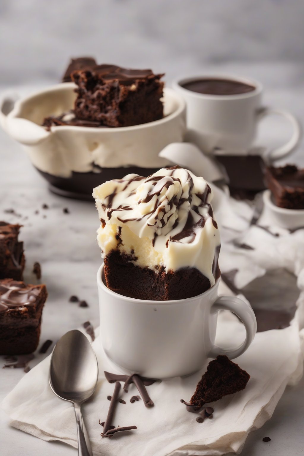 A high-resolution photo of a cheesecake brownie in a mug, with swirled white topping on chocolate base, under soft lighting.