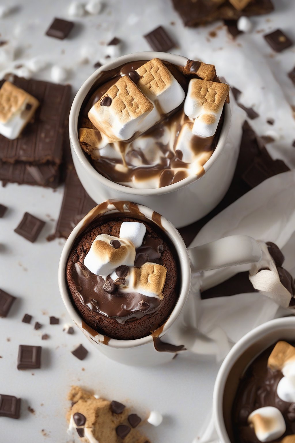 A high-resolution photo of a s'mores brownie in a mug, gooey marshmallow and graham bits, under soft lighting.