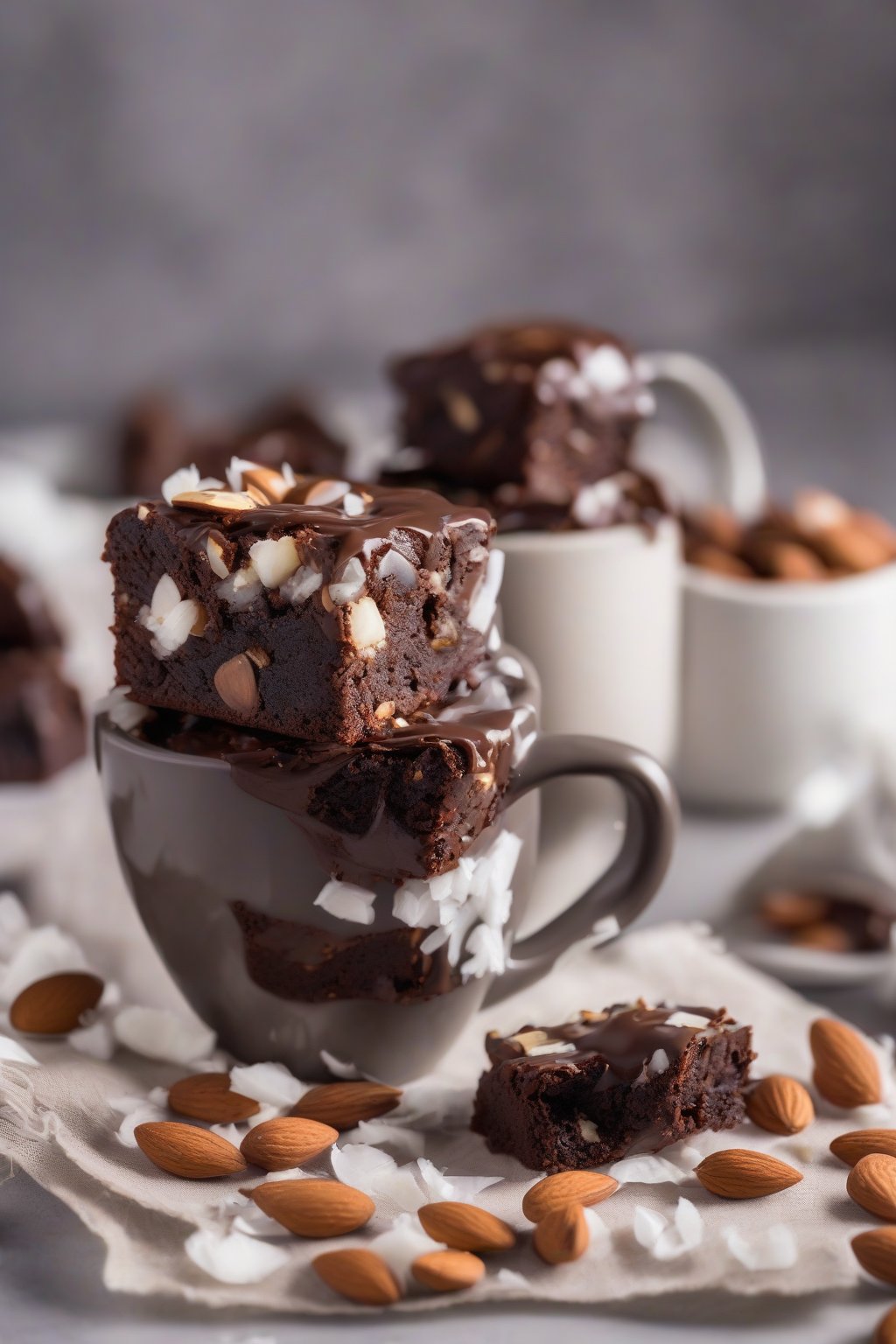 A high-resolution photo of an Almond Joy brownie in a mug, studded with coconut and almonds, under soft lighting.