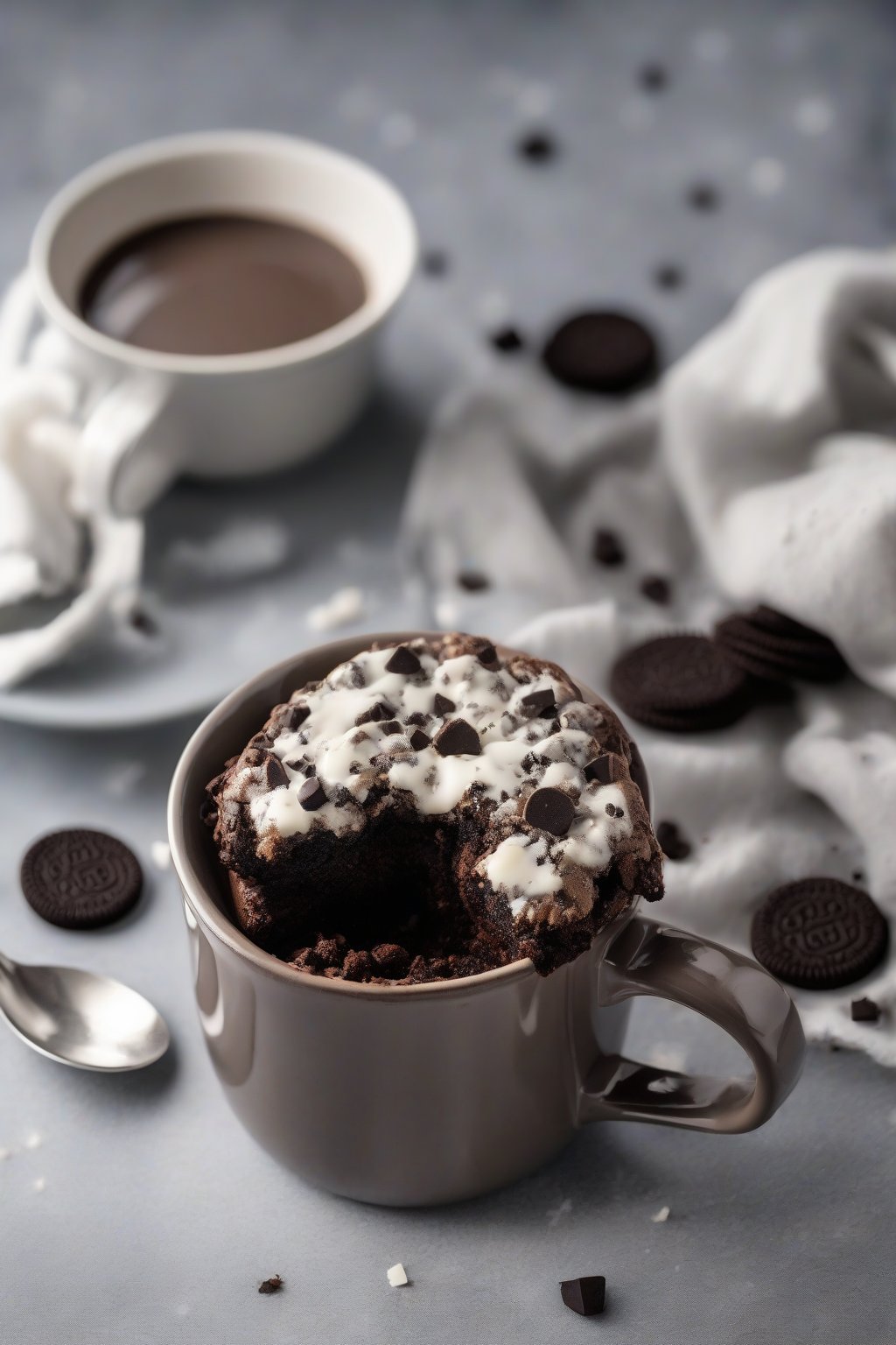 A high-resolution photo of an Oreo crunch brownie in a mug, with cookie chunks and fudgy crumbs, under soft lighting.