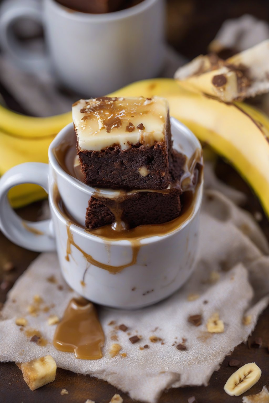 A high-resolution photo of a banana foster brownie in a mug, caramelized top with banana flecks, under soft lighting.