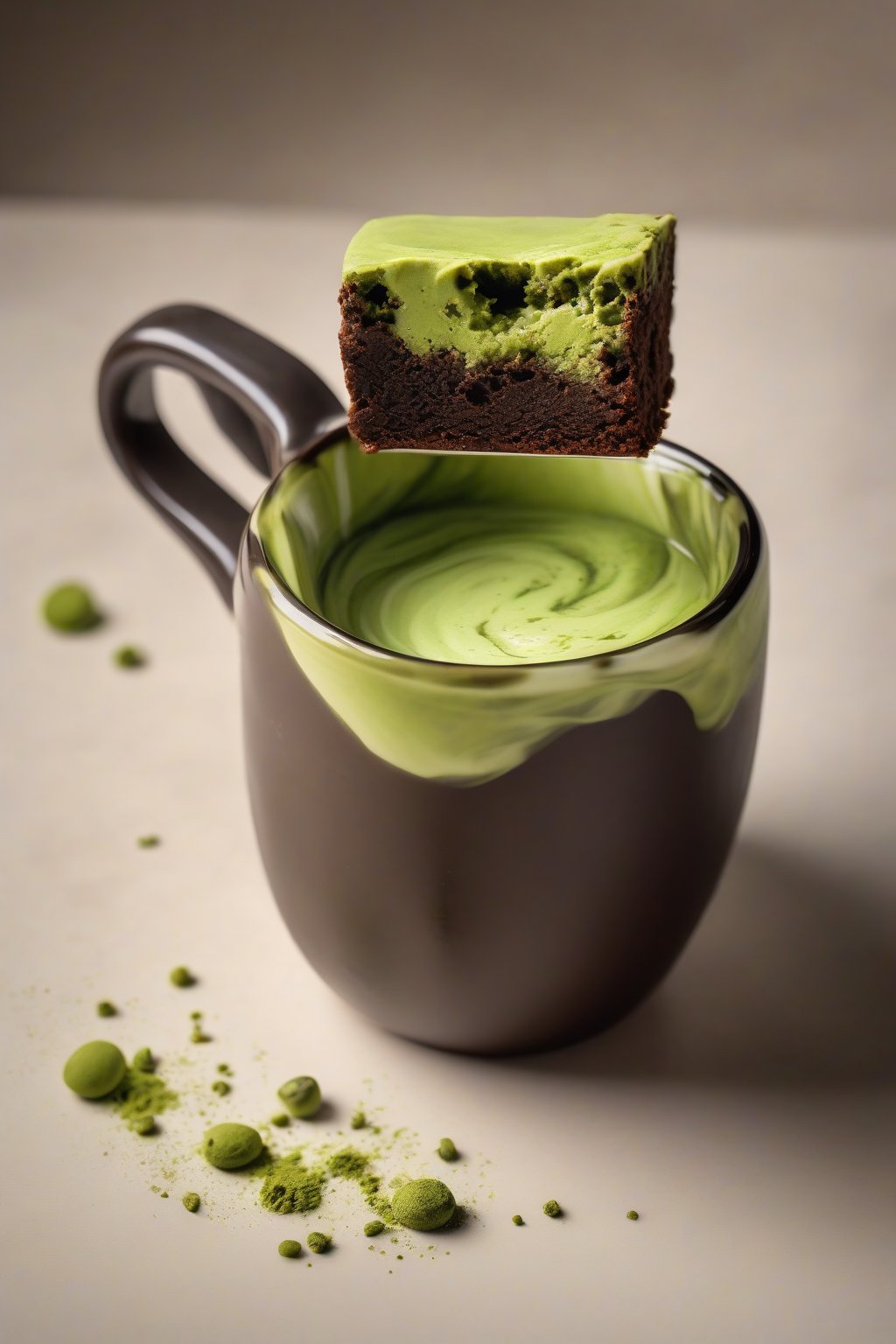 A high-resolution photo of a matcha brownie in a mug, vibrant green swirl in chocolate, under soft lighting.