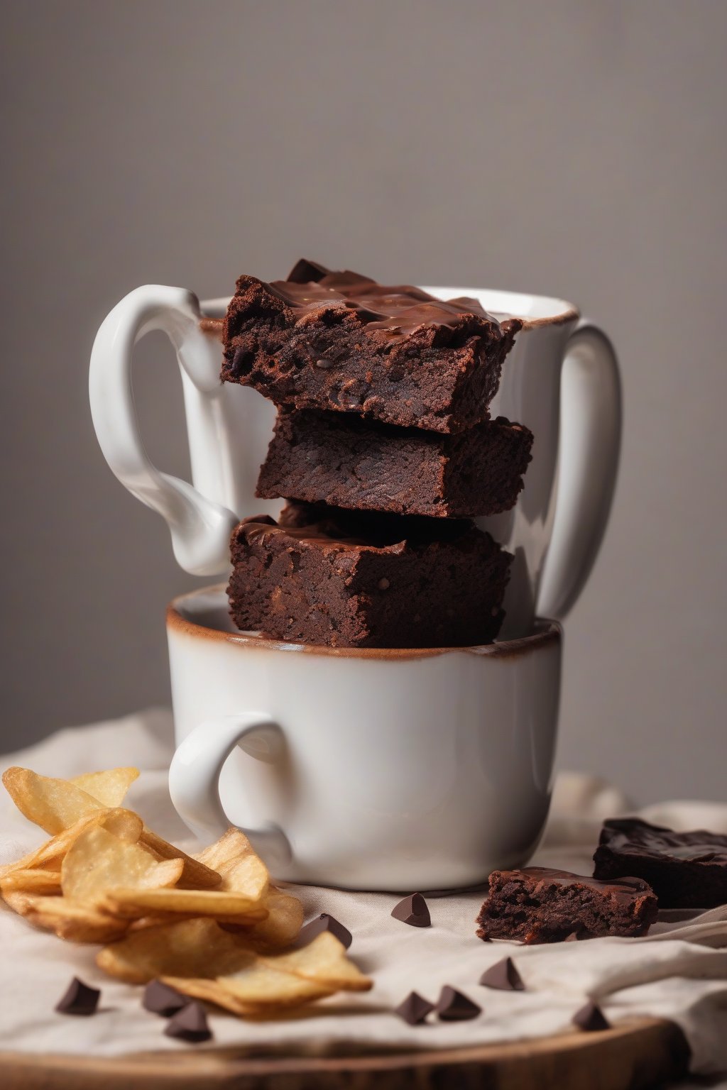 A high-resolution photo of a vegan chocolate brownie in a mug, glossy top with chips, under soft lighting.