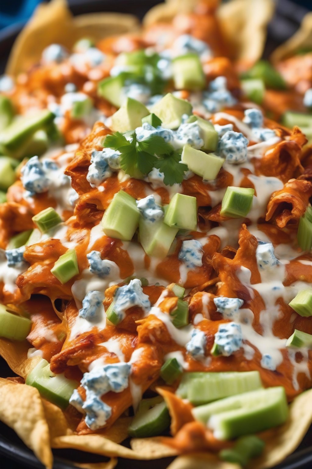 A close-up photo of fiery buffalo chicken nachos topped with blue cheese and celery under soft lighting.