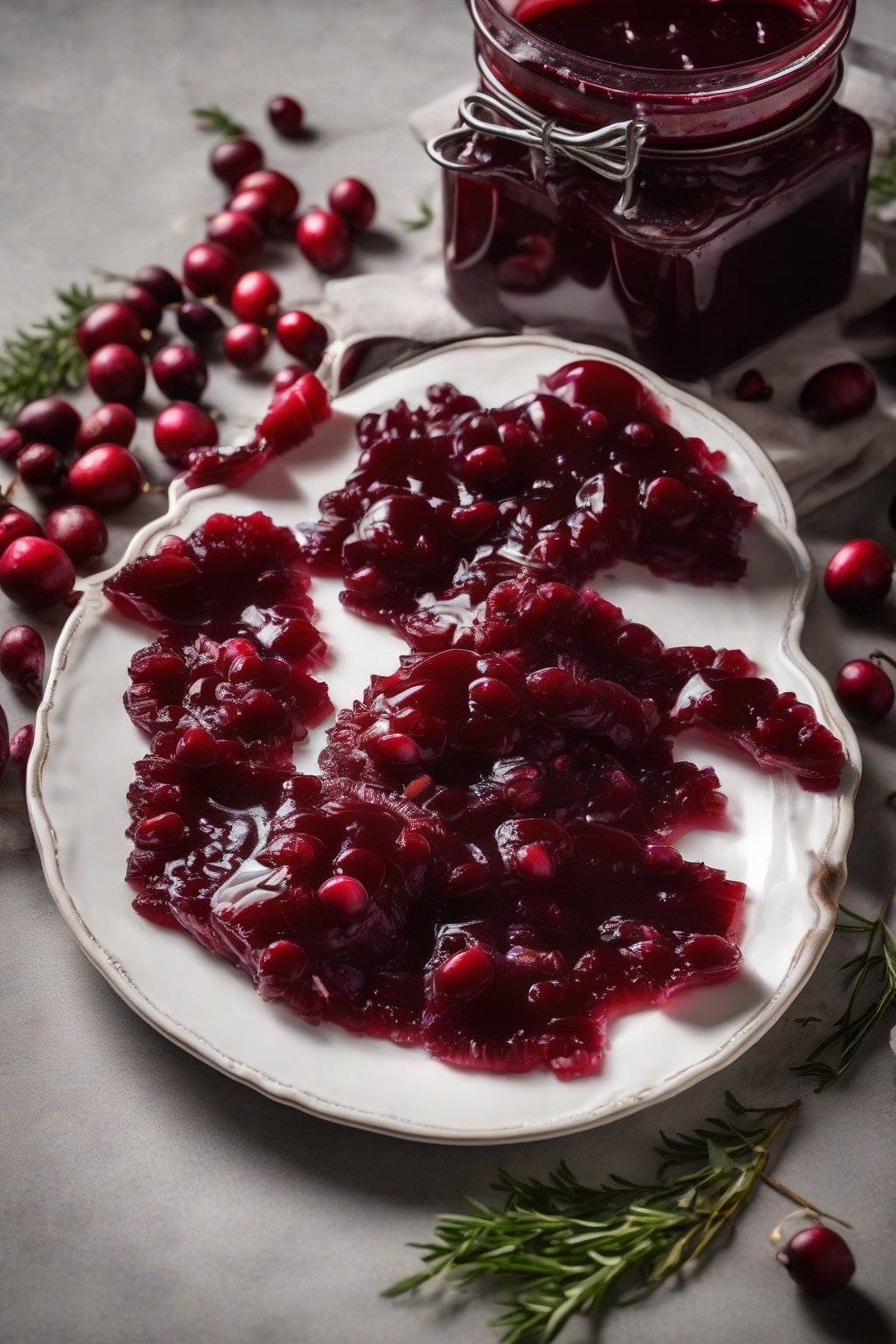 A high-resolution photo of glossy classic jellied cranberry sauce sliced on a white plate under soft lighting.