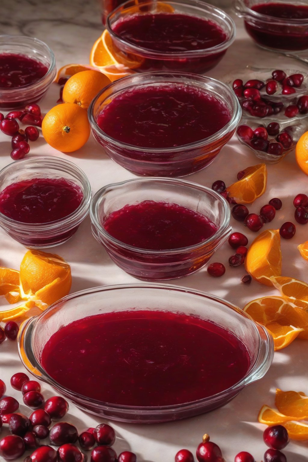 A high-resolution photo of vibrant orange-zest jellied cranberry sauce in a glass dish under soft lighting.