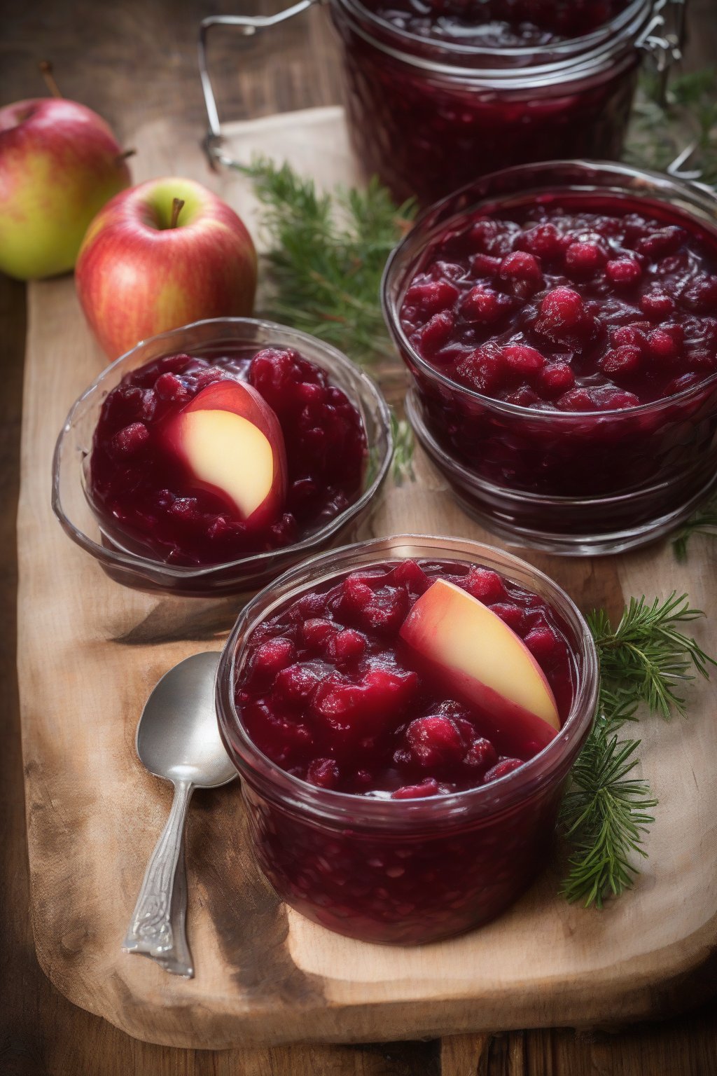 A high-resolution photo of chunky apple-infused jellied cranberry sauce on a wooden board under soft lighting.