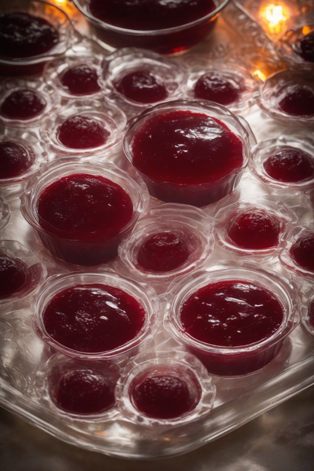 A high-resolution photo of elegant bourbon jellied cranberry sauce in a crystal mold under soft lighting.