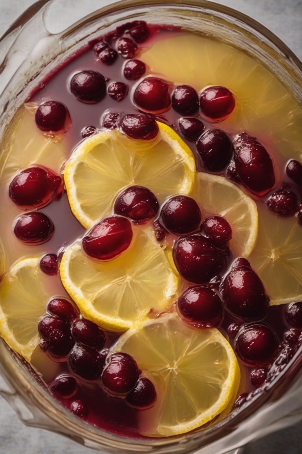 A high-resolution photo of sunny lemon-honey jellied cranberry sauce in a bowl under soft lighting.