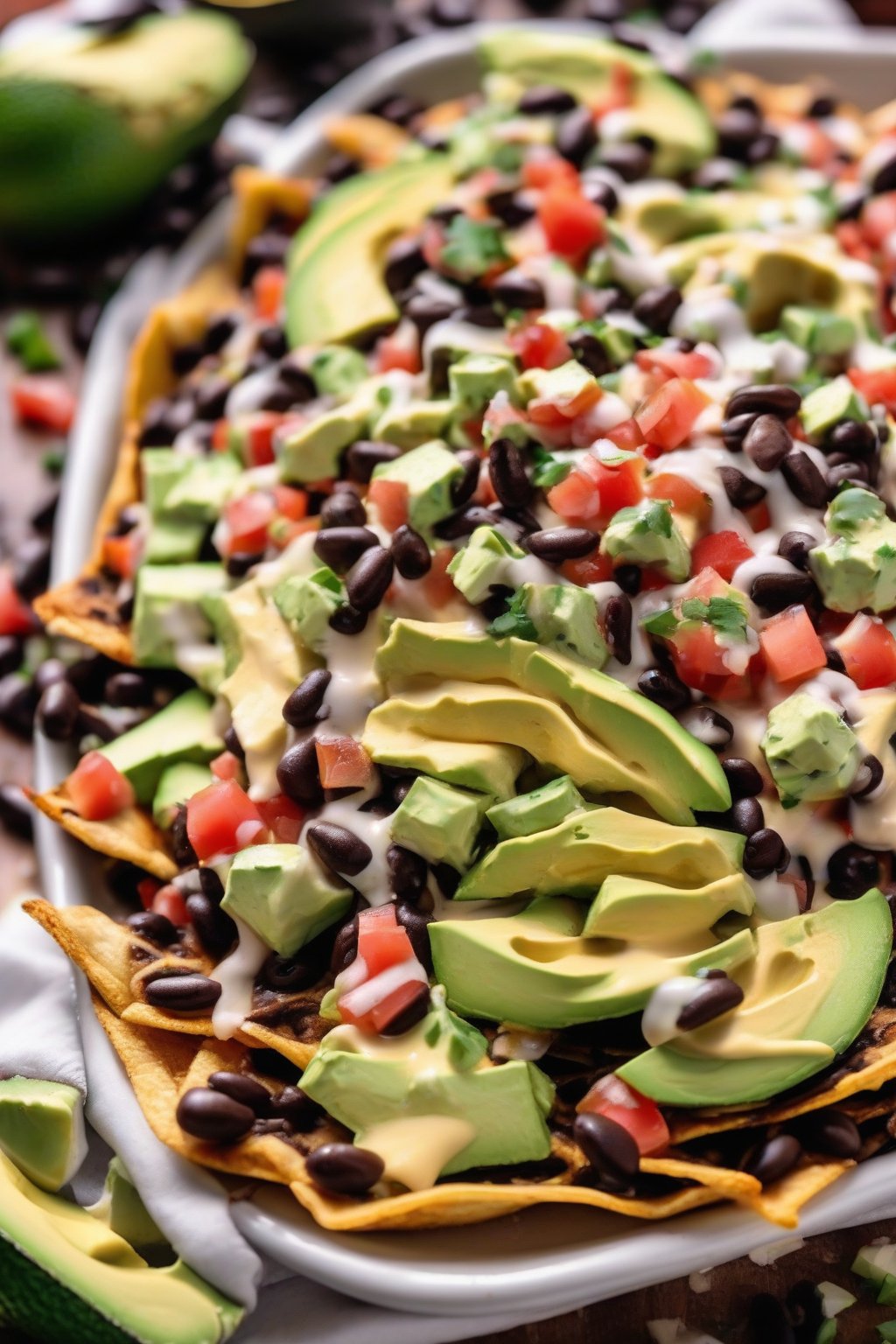 A close-up photo of black bean nachos with melted pepper jack, avocado, and fresh pico under soft lighting.