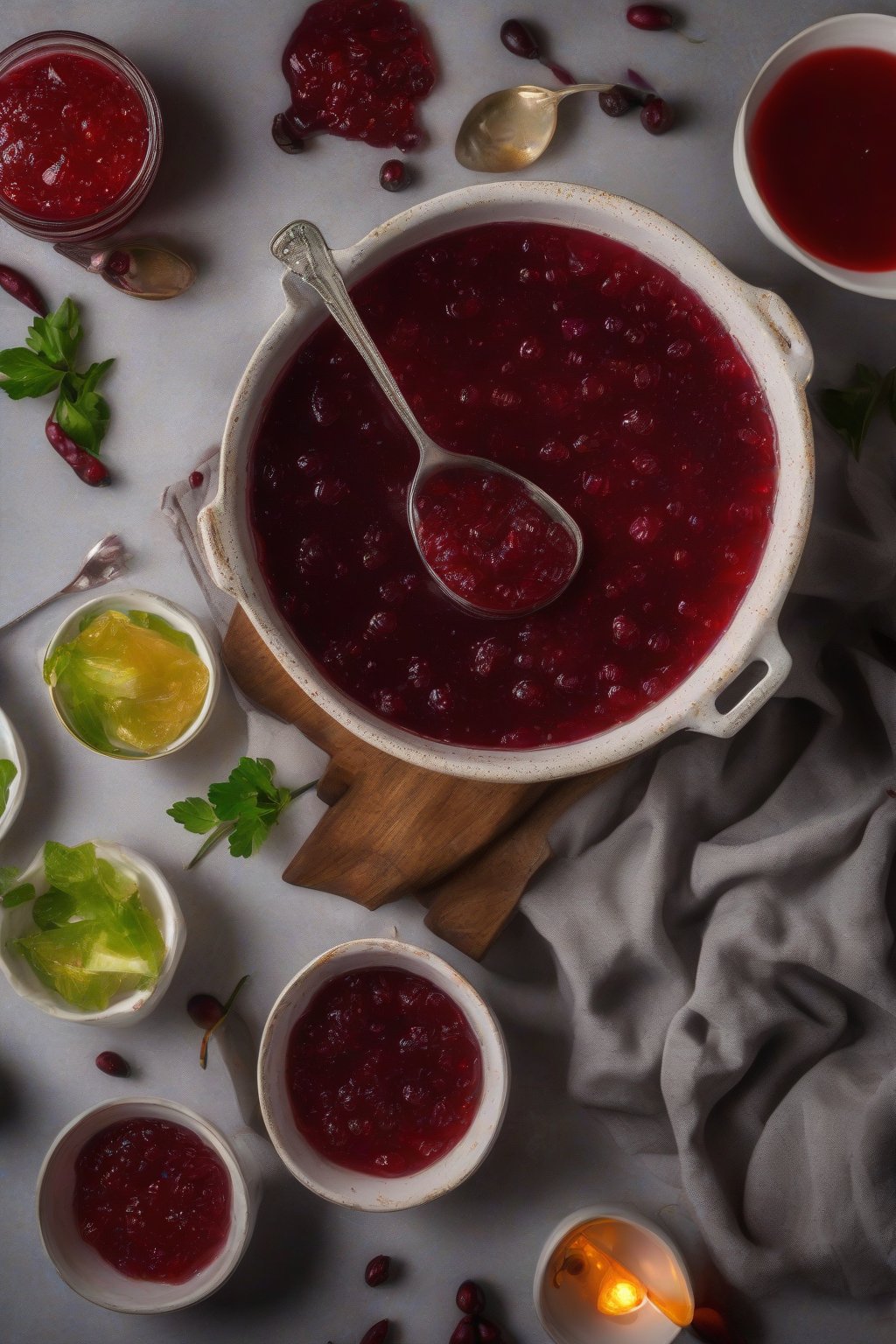 A high-resolution photo of fiery chili jellied cranberry sauce with subtle green flecks under soft lighting.