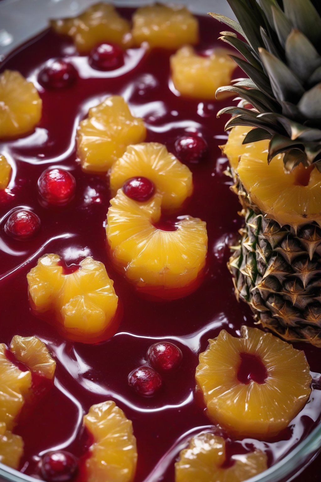 A high-resolution photo of golden pineapple jellied cranberry sauce glistening under soft lighting.