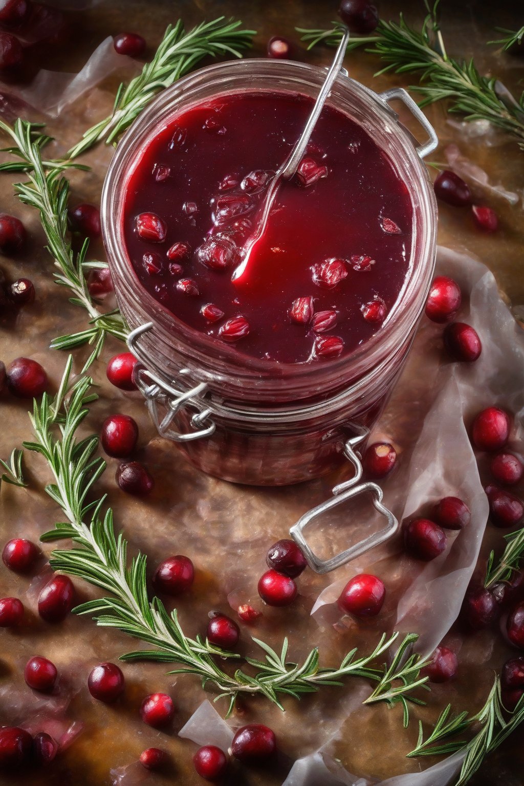 A high-resolution photo of herb-infused rosemary jellied cranberry sauce under soft lighting.