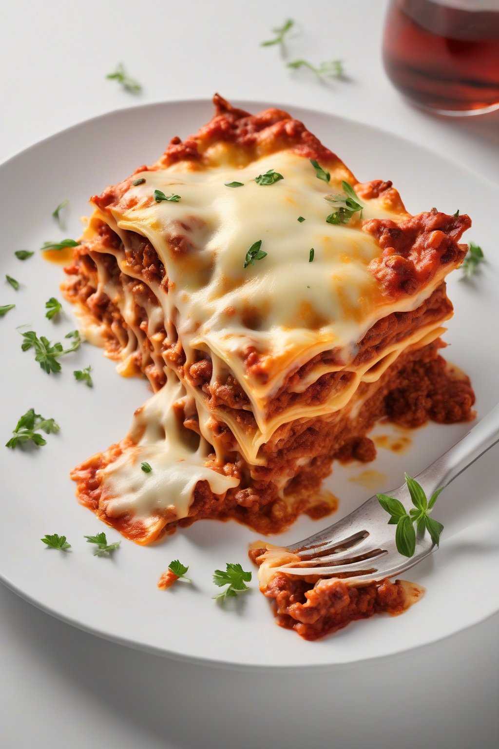 A high-resolution photo of a slice of classic Bolognese lasagna with gooey cheese pull, served on a white plate under soft lighting.