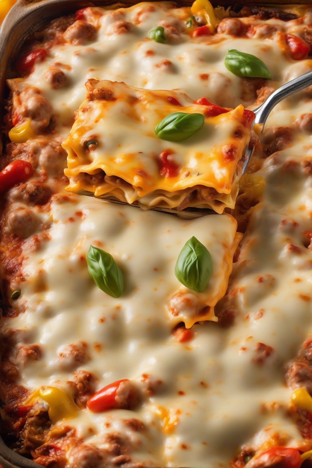 A high-resolution photo of cheesy sausage lasagna bubbling with golden cheese and colorful peppers, under soft lighting.
