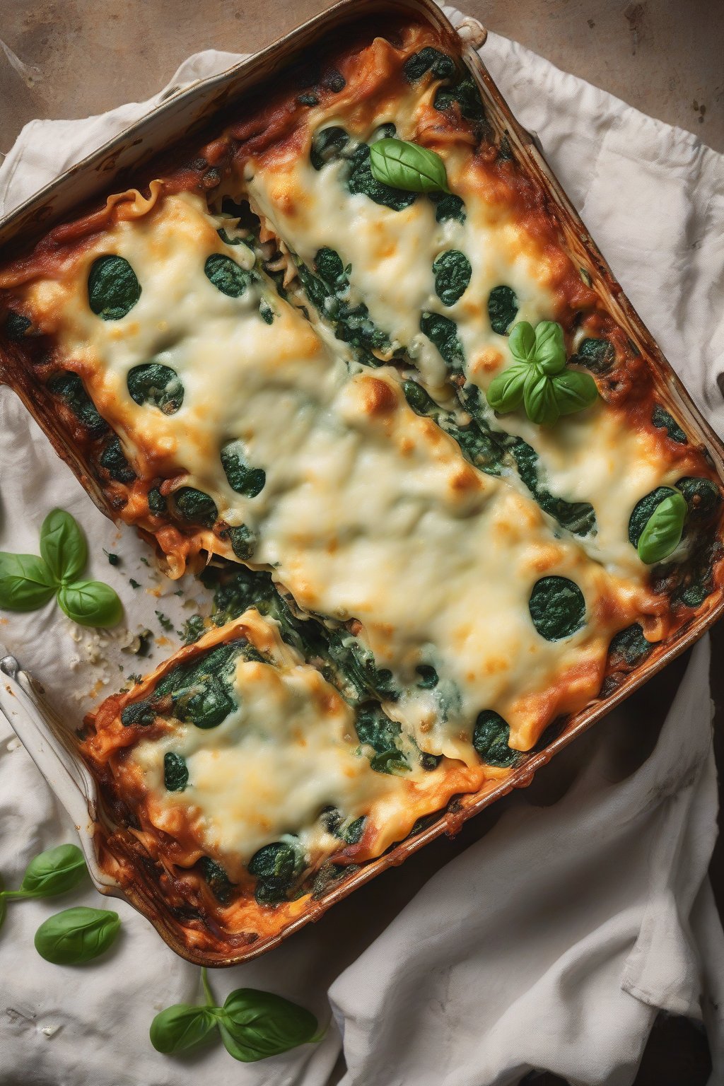 A high-resolution photo of veggie-packed spinach lasagna with vibrant green layers peeking through melted cheese, under soft lighting.