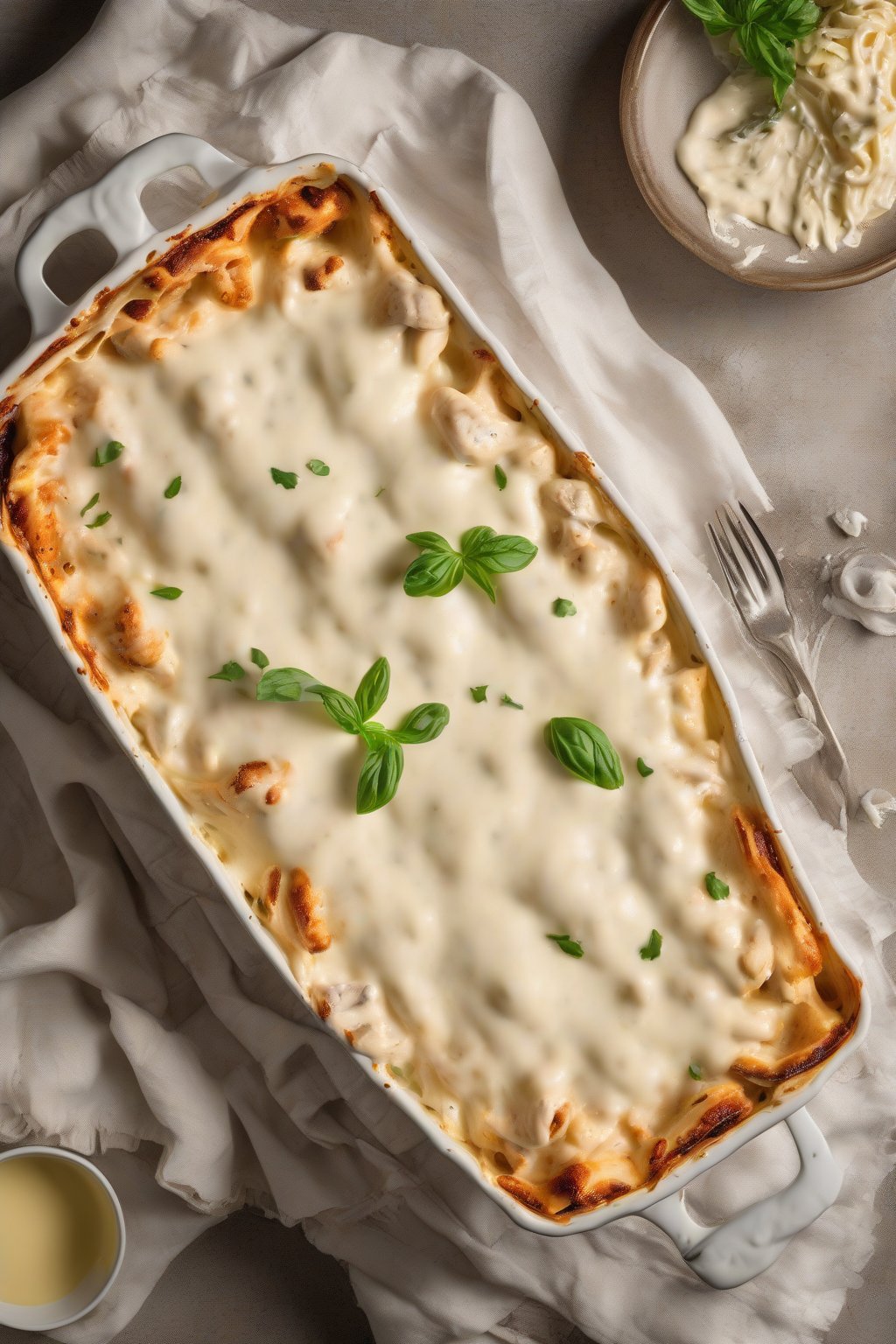 A high-resolution photo of chicken Alfredo lasagna with creamy white sauce and golden top, under soft lighting.